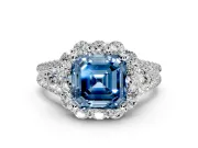Halo Engagement Ring Setting for Fancy Blue Asscher Cut Center with Two-Strand Split Shank and Prong Head in Platinum