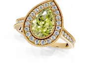 Halo Engagement Ring Setting for Fancy Yellow Pear-Shaped Center with Milgrain Pave Band and Bezel Head in Yellow Gold