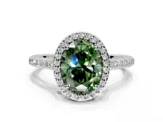 Halo Engagement Ring Setting for Fancy Green Oval Center with Pave Accents, Heart Basket and Prong Head in Sterling Silver
