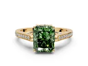 Cathedral Engagement Ring Setting for Fancy Green Radiant Cut Center with Antique-Style Pave Band and Prong Head in Yellow Gold