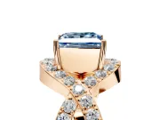Halo Engagement Ring Setting for Fancy Blue Princess Cut Center with Pave Infinity Twist Band and Prong Head in Rose Gold