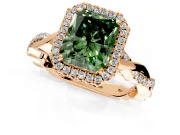 Halo Engagement Ring Setting for Fancy Green Radiant Cut Center with Pave and Plain Twist Band and Prong Head in Rose Gold