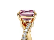 Solitaire Engagement Ring Setting for Fancy Pink Asscher Cut Center with Half-Pave Crossover Band and Prong Head in Yellow Gold