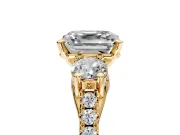 3 Stone Engagement Ring Setting for Asscher Cut Center with Crossover Basket, Pave Band and Prong Head in Yellow Gold