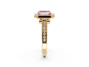 Halo Engagement Ring Setting for Fancy Pink Asscher Cut Center with Outer Bezel Rim, Pave Band and Prong Head in Yellow Gold