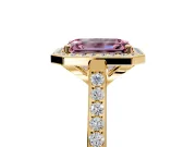 Halo Engagement Ring Setting for Fancy Pink Emerald Cut Center with Pave Accents, Heart Basket and Prong Head in Yellow Gold