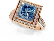 Halo Engagement Ring Setting for Fancy Blue Princess Cut Center with Outer Bezel Rim, Pave Band and Prong Head in Rose Gold