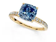Solitaire Engagement Ring Setting for Fancy Blue Cushion Cut Center with Fine Pave Band and Prong Head in Yellow Gold