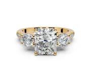 3 Stone Engagement Ring Setting for Radiant Cut Center with Crossover Basket, Pave Band and Prong Head in Yellow Gold