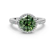 Halo Engagement Ring Setting for Fancy Green Round Cut Center with Full Pave Band and Prong Head in White Gold