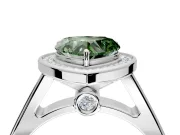 Halo Engagement Ring Setting for Fancy Green Heart-Shaped Center with Outer Bezel Rim, Pave Band and Prong Head in White Gold