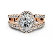 Halo Engagement Ring Setting for Oval Center with Wide-Open Pave Split Shank and Prong Head in Rose Gold