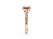 Solitaire Engagement Ring Setting for Fancy Pink Emerald Cut Center with Trailing Leaf Accent Band and Prong Head in Rose Gold