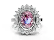 Halo Engagement Ring Setting for Fancy Pink Oval Center with Milgrain Bezel Rim, Plain Band and Prong Head in Platinum