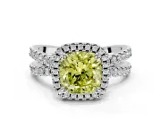 Halo Engagement Ring Setting for Fancy Yellow Cushion Cut Center with Double Pave Split Shank and Prong Head in Sterling Silver