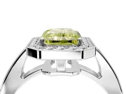 Bezel-Framed Halo Engagement Ring Setting for Fancy Yellow Radiant Cut Center with Pave Band and Prong Head in Sterling Silver