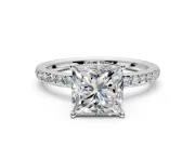 Solitaire Engagement Ring Setting for Princess Cut Center with Fine Pave Band and Prong Head in Platinum