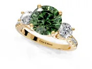 3 Stone Engagement Ring Setting for Fancy Green Round Cut Center with Crossover Basket, Pave Band and Prong Head in Yellow Gold