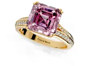 Solitaire Engagement Ring Setting for Fancy Pink Asscher Cut Center with Pave Rail Split Shank and Prong Head in Yellow Gold