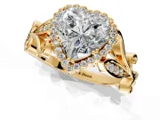 Halo Engagement Ring Setting for Heart-Shaped Center with Leaf Motif Split Shank and Prong Head in Yellow Gold