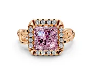 Halo Engagement Ring Setting for Fancy Pink Princess Cut Center with Open Scroll Shoulders and Prong Head in Rose Gold