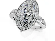 Bezel-Framed Halo Engagement Ring Setting for Marquise Center with Pave Band and Prong Head in Platinum