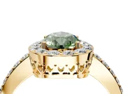 Halo Engagement Ring Setting for Fancy Green Pear-Shaped Center with Heart-Shaped Openwork, Pave Band and Prong Head in Yellow Gold