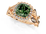 Halo Engagement Ring Setting for Fancy Green Cushion Cut Center with Leaf Motif Split Shank and Prong Head in Rose Gold