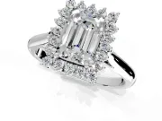 Starburst Halo Engagement Ring Setting for Emerald Cut Center with Thin Round-Wire Band and Prong Head in Platinum