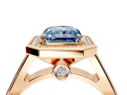 Halo Engagement Ring Setting for Fancy Blue Radiant Cut Center with Outer Bezel Rim, Pave Band and Prong Head in Rose Gold