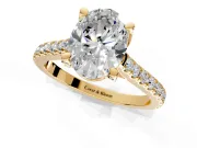 Solitaire Engagement Ring Setting for Oval Center with Widening Pave Band and Claw Prong Head in Yellow Gold