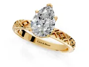 Solitaire Engagement Ring Setting for Pear-Shaped Center with Milgrain X Pattern Band and Prong Head in Yellow Gold