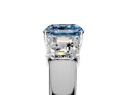 3 Stone Engagement Ring Setting for Fancy Blue Asscher Cut Center with Raised Basket Heads and Prong Head in Platinum