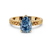 Solitaire Engagement Ring Setting for Fancy Blue Pear-Shaped Center with Milgrain X Pattern Band and Prong Head in Yellow Gold