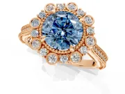 Milgrain Halo Engagement Ring Setting for Fancy Blue Round Cut Center with Bezel Point Accents and Prong Head in Rose Gold