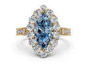Halo Engagement Ring Setting for Fancy Blue Marquise Center with Milgrain Channel Band and Prong Head in Yellow Gold