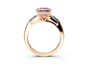 3 Stone Engagement Ring Setting for Fancy Pink Princess Cut Center with Tapered Baguettes, Plain Band and Prong Head in Rose Gold