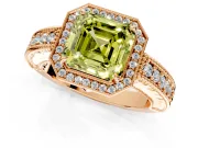 Milgrain Halo Engagement Ring Setting for Fancy Yellow Asscher Cut Center with Pave Band and Prong Head in Rose Gold