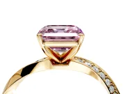 Side Accent Engagement Ring Setting for Fancy Pink Asscher Cut Center with Accent Shoulders and Prong Head in Yellow Gold