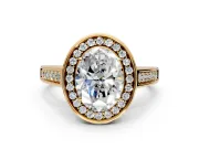 Halo Engagement Ring Setting for Oval Center with Outer Bezel Rim, Pave Band and Prong Head in Yellow Gold