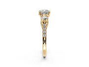 3 Stone Engagement Ring Setting for Cushion Cut Center with Crossover Basket, Pave Band and Prong Head in Yellow Gold