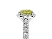 Halo Engagement Ring Setting for Fancy Yellow Cushion Cut Center with Full Pave Band and Prong Head in White Gold