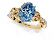 Leaf Motif Engagement Ring Setting for Fancy Blue Oval Center with Pave Band and Prong Head in Yellow Gold