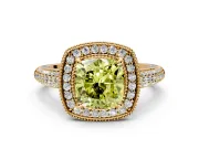 Milgrain Halo Engagement Ring Setting for Fancy Yellow Cushion Cut Center with Three-Sided Pave Band and Prong Head in Yellow Gold