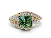 Halo Engagement Ring Setting for Fancy Green Princess Cut Center with Marquise and Pave Bypass Band and Prong Head in Yellow Gold