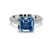 Solitaire Engagement Ring Setting for Fancy Blue Asscher Cut Center with Domed Multi-Row Pave Band and Prong Head in Sterling Silver