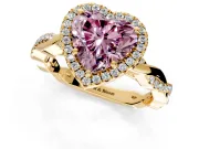 Halo Engagement Ring Setting for Fancy Pink Heart-Shaped Center with Pave and Plain Twist Band and Prong Head in Yellow Gold