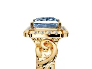 Halo Engagement Ring Setting for Fancy Blue Princess Cut Center with Open Scroll Shoulders and Prong Head in Yellow Gold