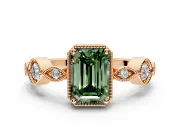 Vintage Station Engagement Ring Setting for Fancy Green Emerald Cut Center with Accents and Prong Head in Rose Gold