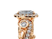 Milgrain Halo Engagement Ring Setting for Emerald Cut Center with Shoulder Bezels and Prong Head in Rose Gold